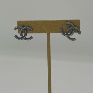 CHANEL Black and Silver Logo Earrings